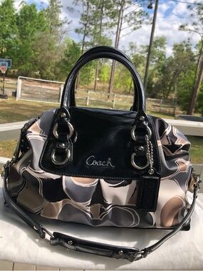 NWT!Coach Black, Beige & Gray Pattern Print Satchel